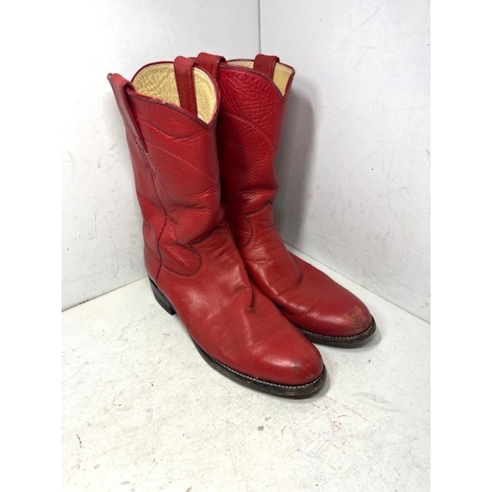Justin Red Leather Classic Roper Cowboy Boots Womens 7 Vintage Made in USA 3055